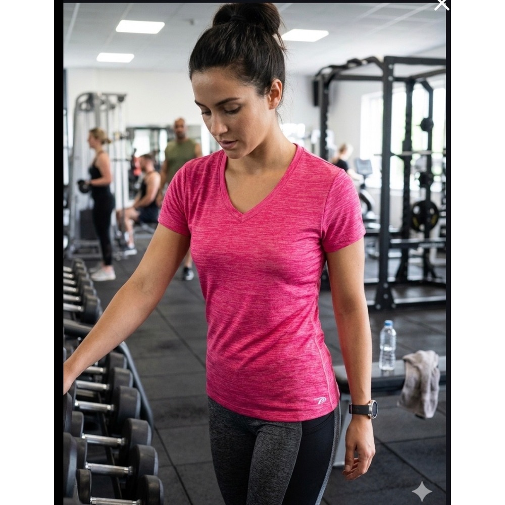 Pro Player V-Neck T-Shirt Women M Pink Space Dye Wicking Athletic Y2K Sportswear